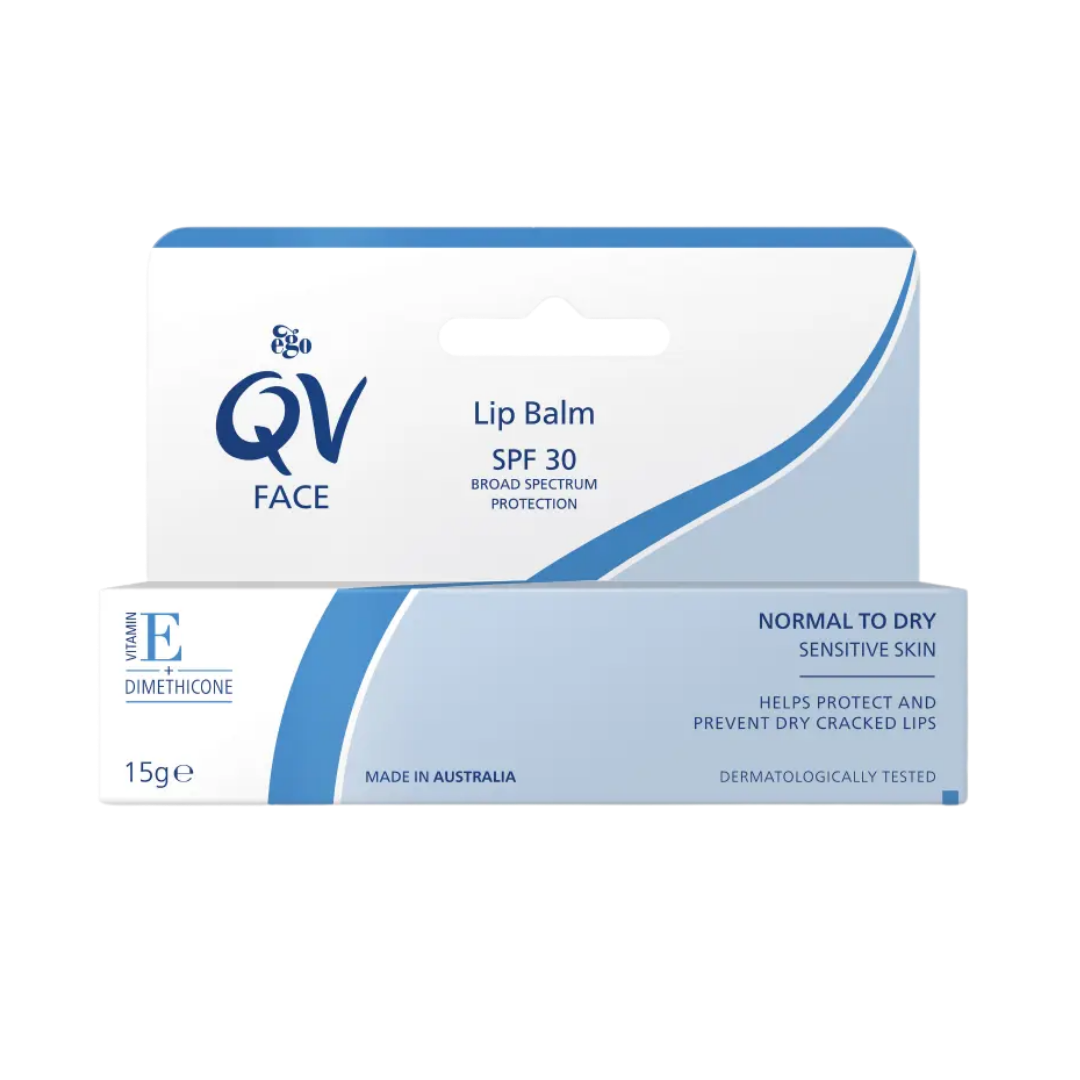 QV Face Lip Balm 15g with SPF 30, fragrance‑free moisturising lip protection for dry, sensitive lips with soft glide‑on applicator.