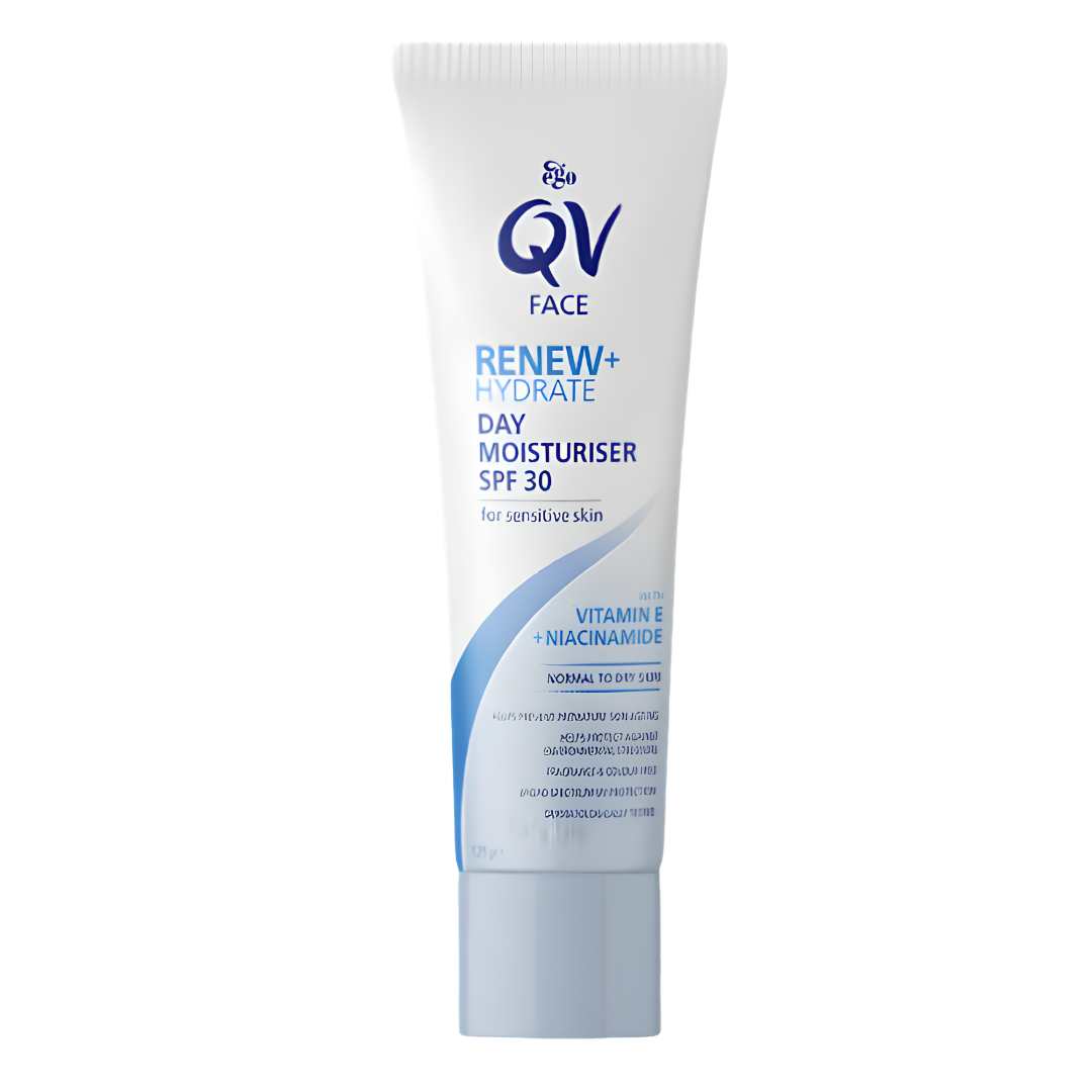 QV Face Renew + Hydrate Day Moisturiser SPF30 provides lightweight hydration and broad-spectrum sun protection, suitable for sensitive and everyday skin care.