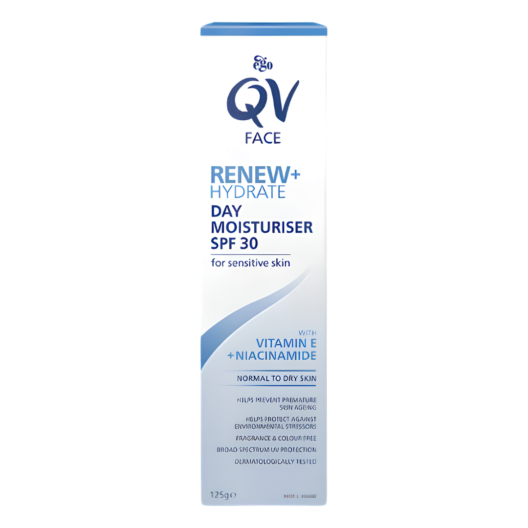 QV Face Renew + Hydrate Day Moisturiser SPF30 provides lightweight hydration and broad-spectrum sun protection, suitable for sensitive and everyday skin care.