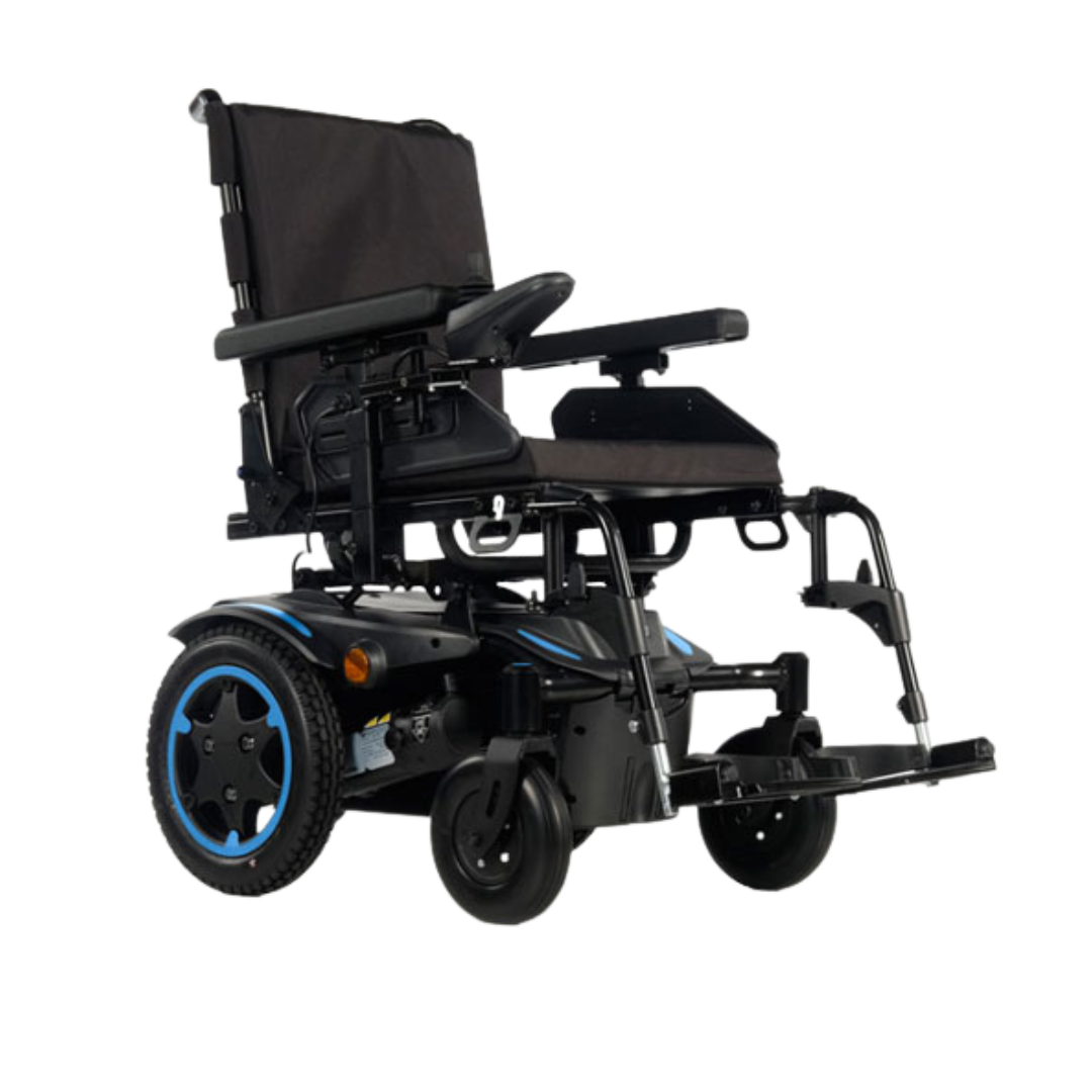 Quickie Q100 ultra-compact power wheelchair with smart base, foldable backrest, and adjustable comfort seating for indoor and outdoor mobility.