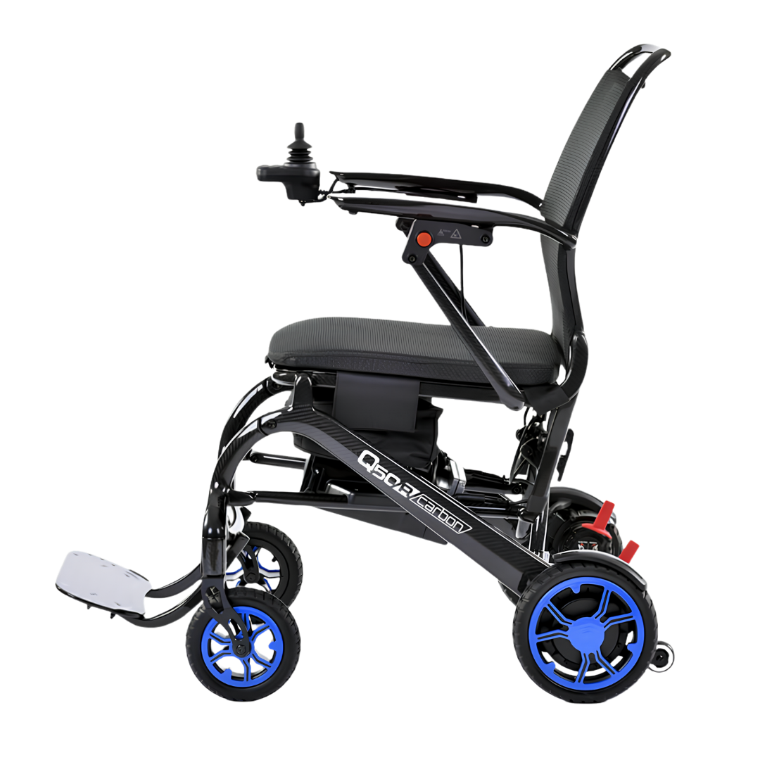 Quickie Q50R carbon fibre power chair, ultra‑lightweight foldable design, durable frame, compact portability, supports safe mobility and independence.