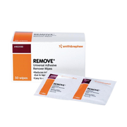 Packaging of Smith & Nephew Adhesive Remover Wipes with the product visible, showing a box and a packet of wipes.
