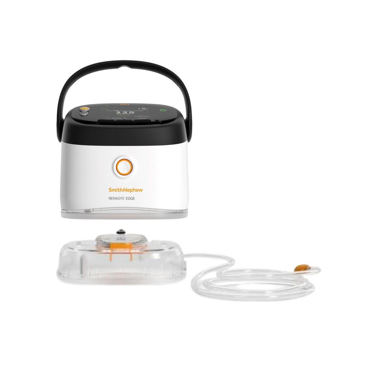 Smith+Nephew RENASYS EDGE negative pressure wound therapy unit with handle, attached white and clear exudate canister, and connected tubing system with orange connector.
