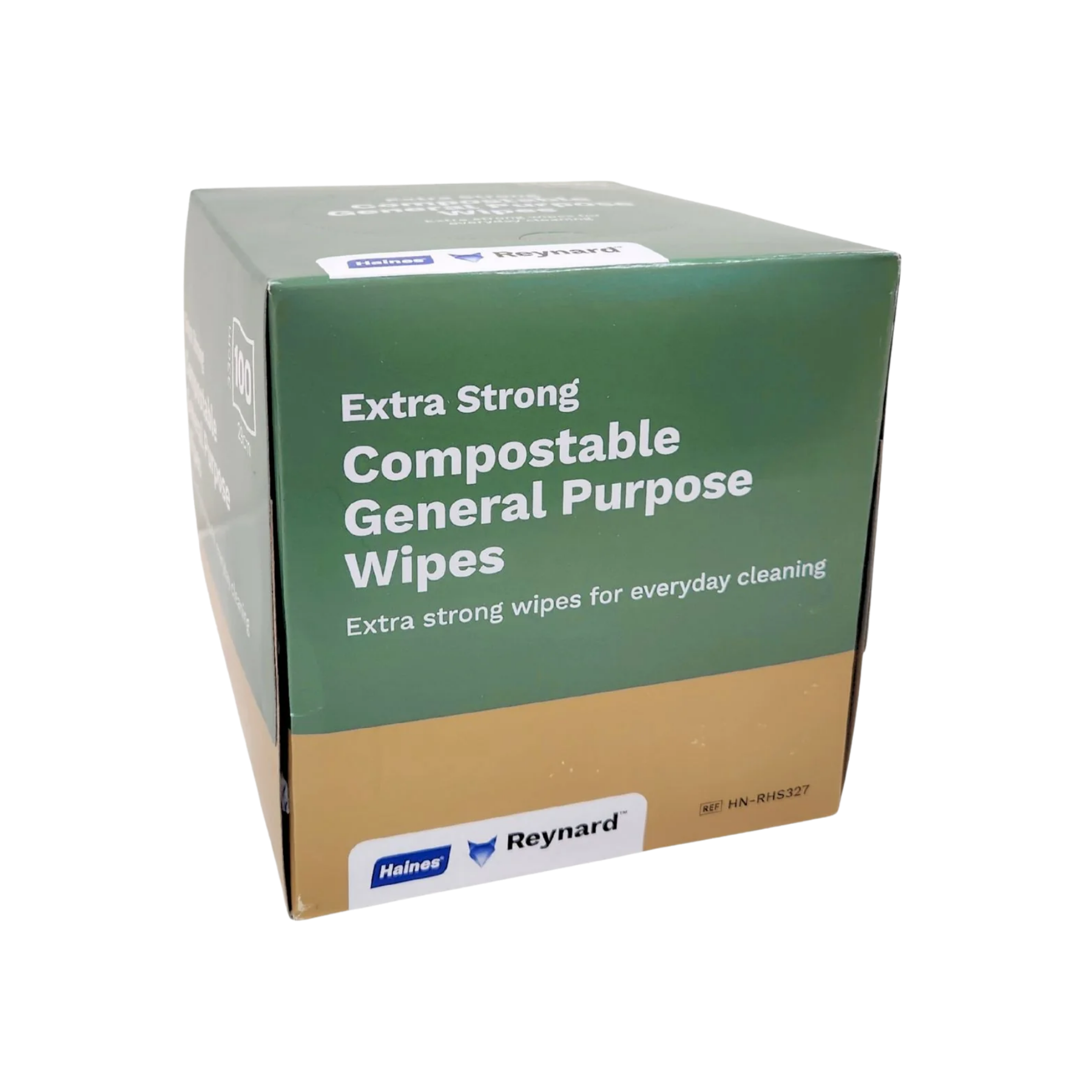 Product packaging box for Haines and Reynard Extra Strong Compostable General Purpose Wipes, featuring a green top section with white lettering and a Kraft cardboard base on a transparent background.