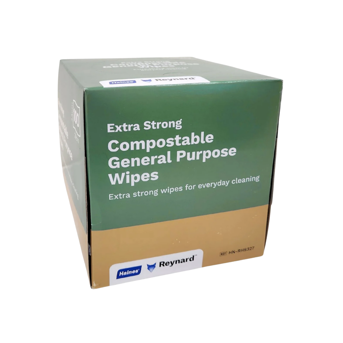 Product packaging box for Haines and Reynard Extra Strong Compostable General Purpose Wipes, featuring a green top section with white lettering and a Kraft cardboard base on a transparent background.