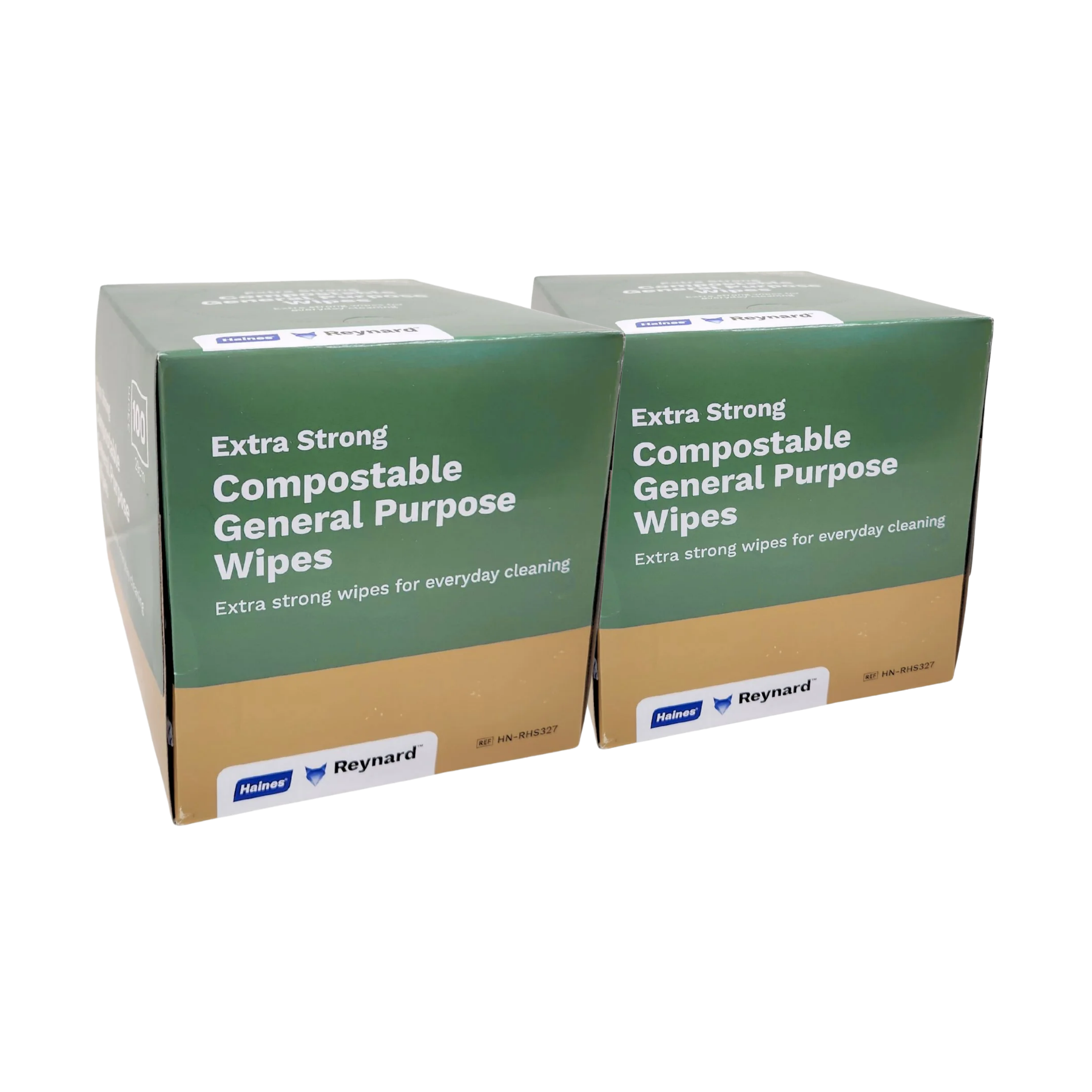 Two boxes of Reynard Compostable General Purpose Wipes, Extra Strong, shown on a plain white background.