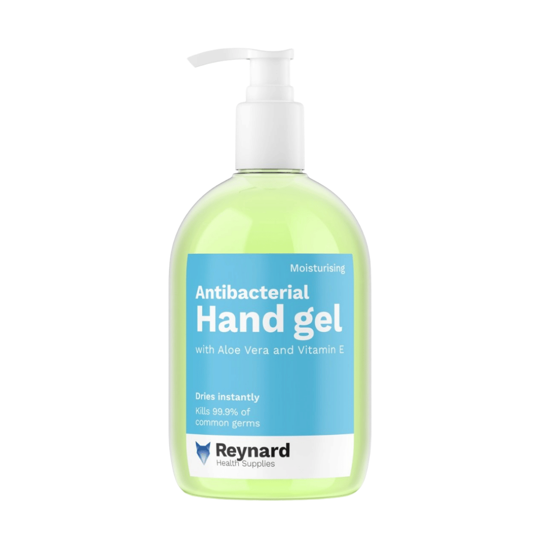 Reynard Antibacterial Hand Gel in 50 ml and 500 ml bottles for effective hand hygiene in healthcare, aged care, workplaces and everyday use when water isn’t available.