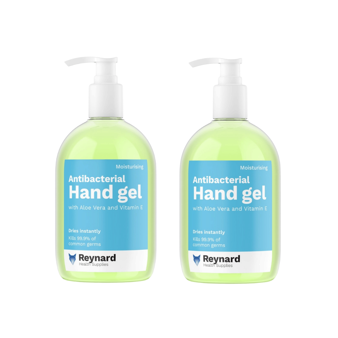 Reynard Antibacterial Hand Gel in 50 ml and 500 ml bottles for effective hand hygiene in healthcare, aged care, workplaces and everyday use when water isn’t available.