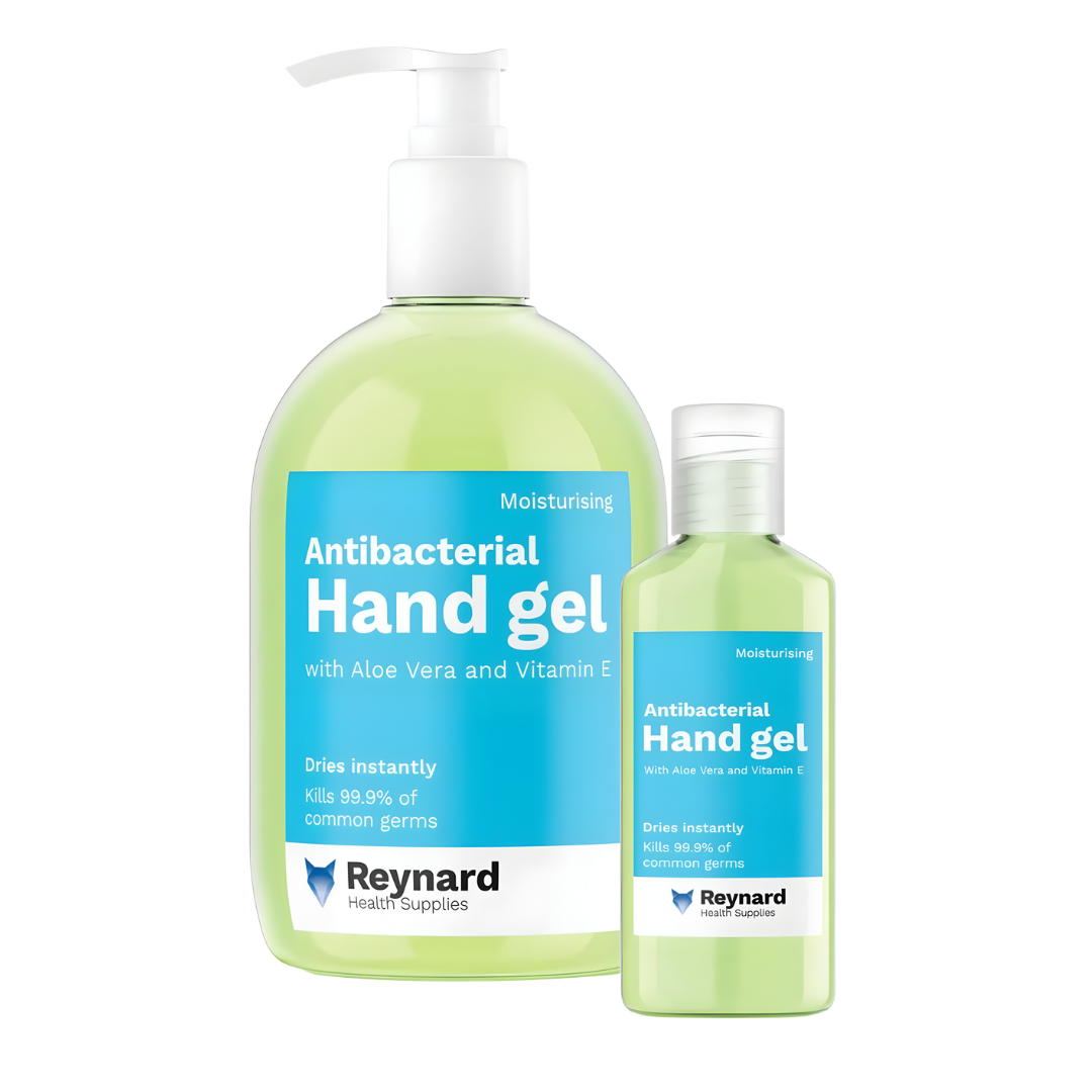 Reynard Antibacterial Hand Gel in 50 ml and 500 ml bottles for effective hand hygiene in healthcare, aged care, workplaces and everyday use when water isn’t available.