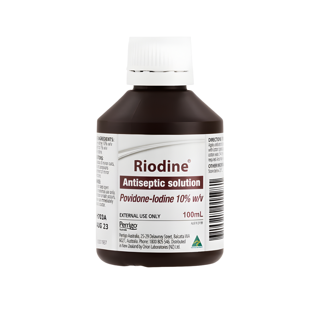 Riodine Povidone-Iodine 10% Antiseptic Solution in 15ml, 100ml, and 500ml bottles.
