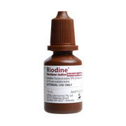 Riodine Povidone-Iodine 10% Antiseptic Solution in 15ml, 100ml, and 500ml bottles.