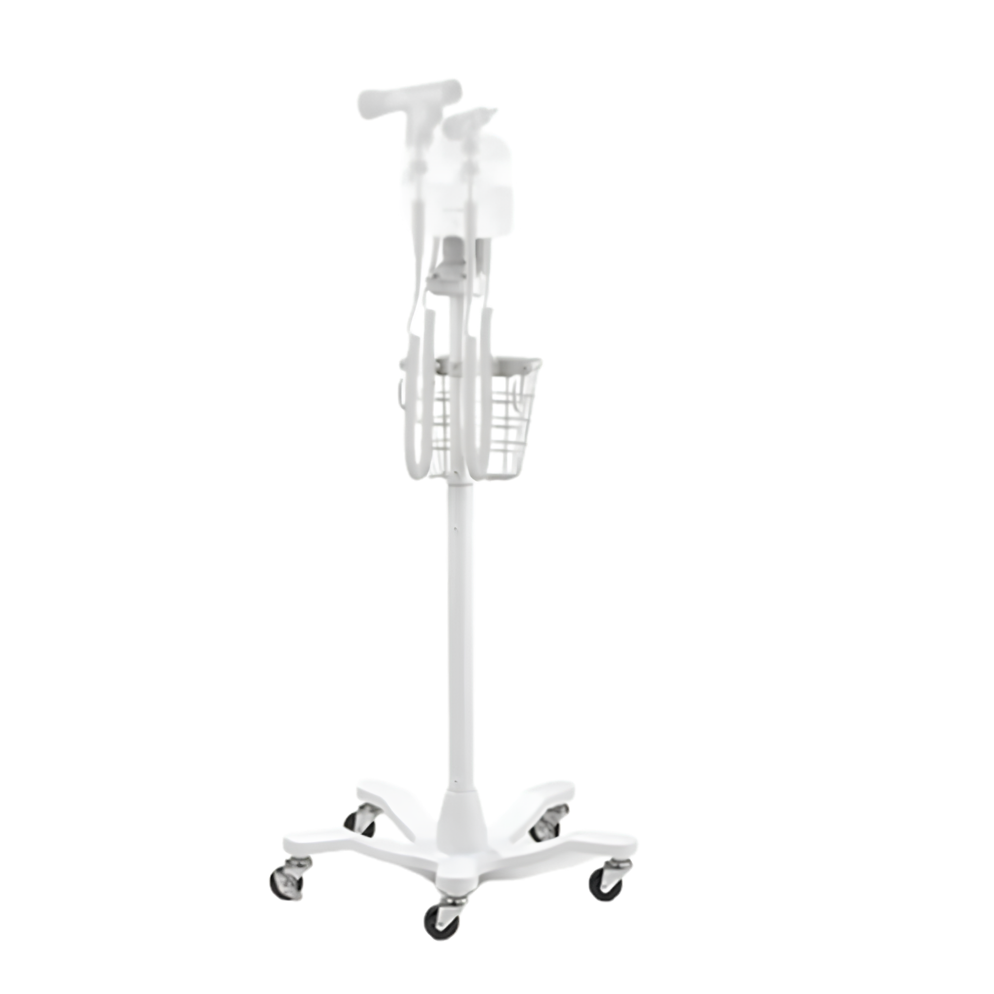 Mobile medical equipment stand with monitor and basket.