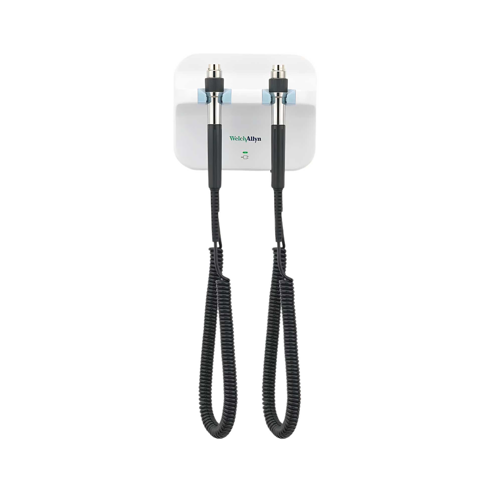 Welch Allyn integrated wall transformer with two power handles and coiled cords.