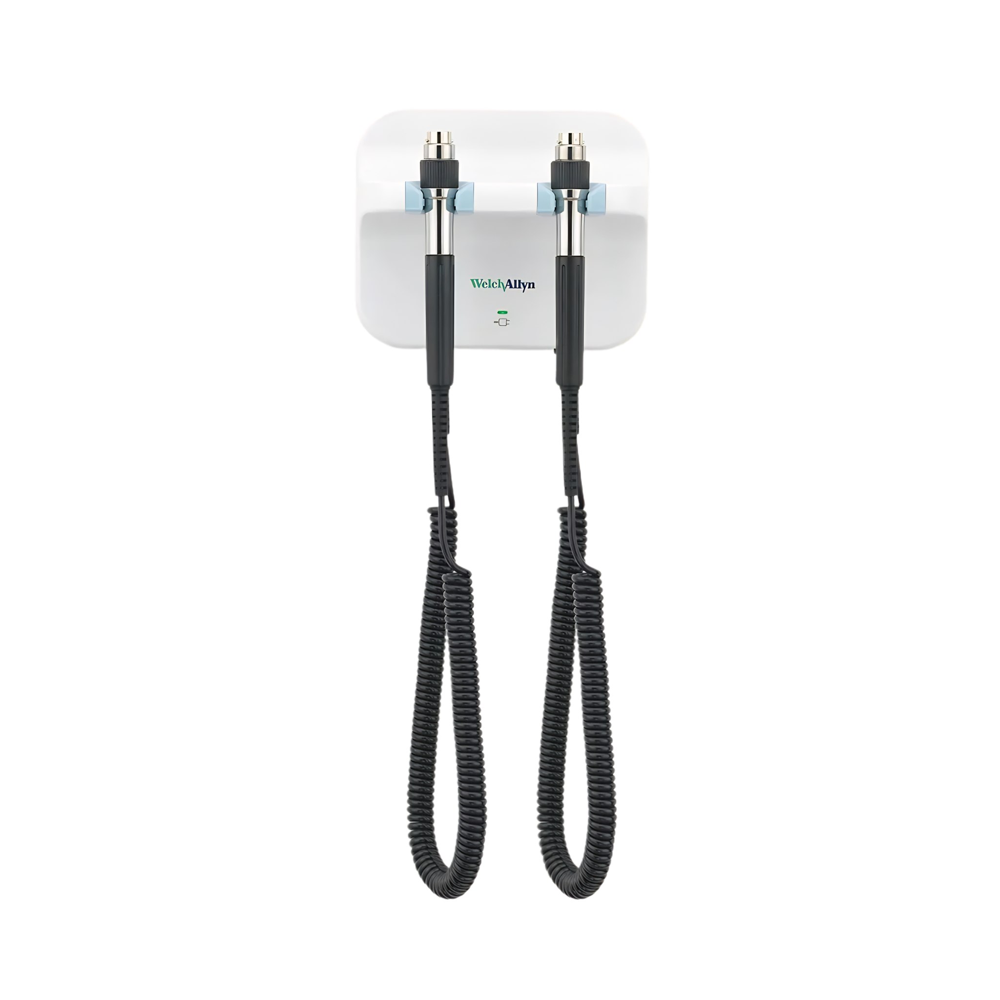 Welch Allyn integrated wall transformer with two power handles and coiled cords.