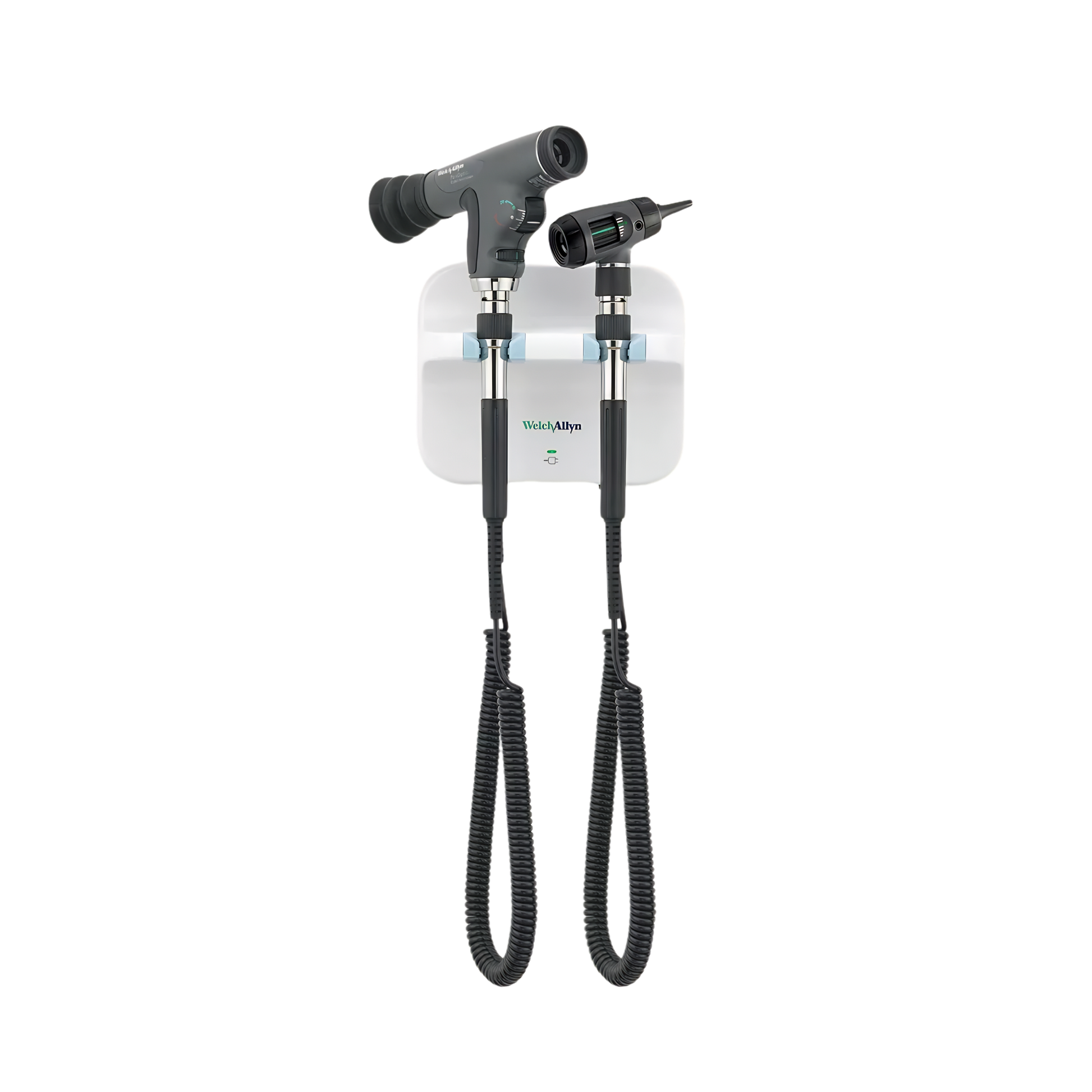 Welch Allyn wall diagnostic set including ophthalmoscope and otoscope instruments with integrated power handles.