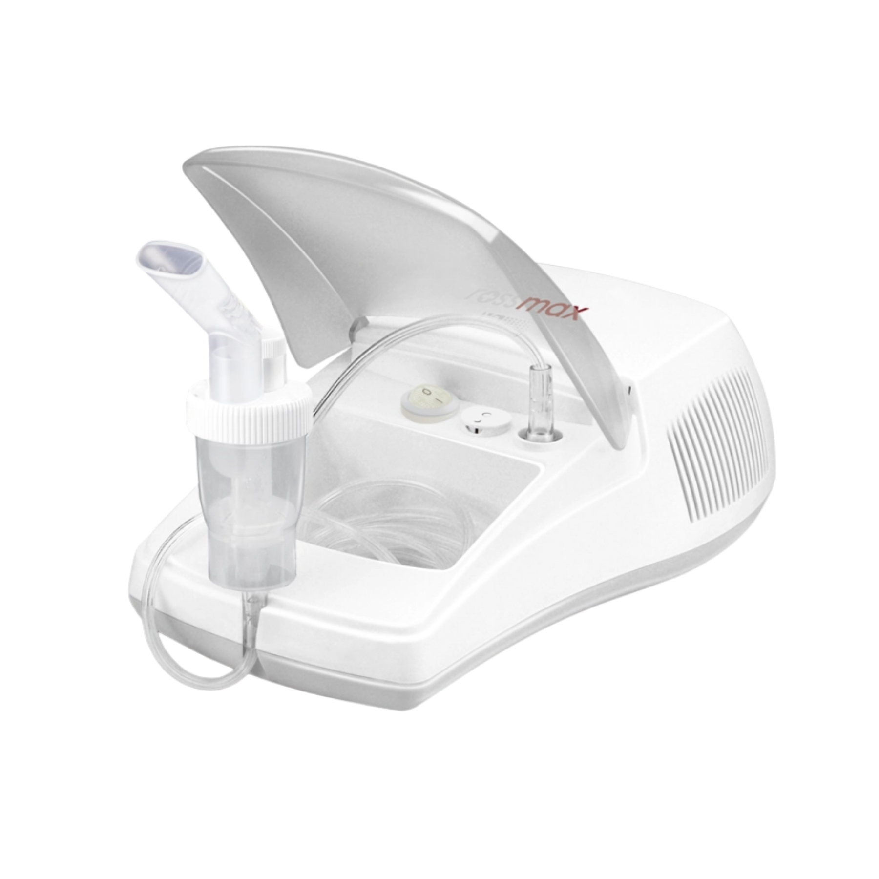 A white and silver nebulizer machine with its lid open, showing a clear mist chamber and attached tubing on a plain white background.