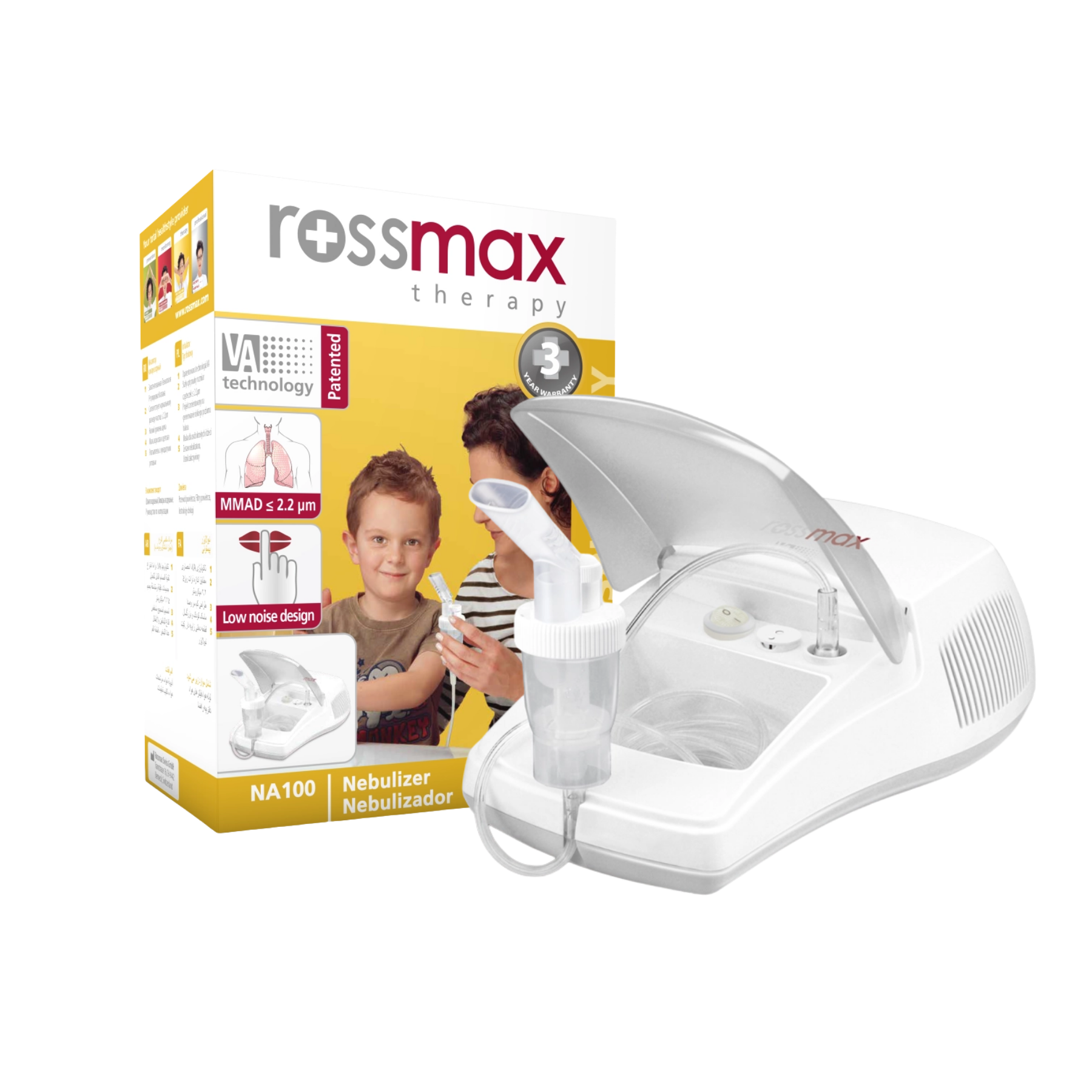 Rossmax Therapy NA100 nebulizer machine shown with its retail packaging box on a clean white background.