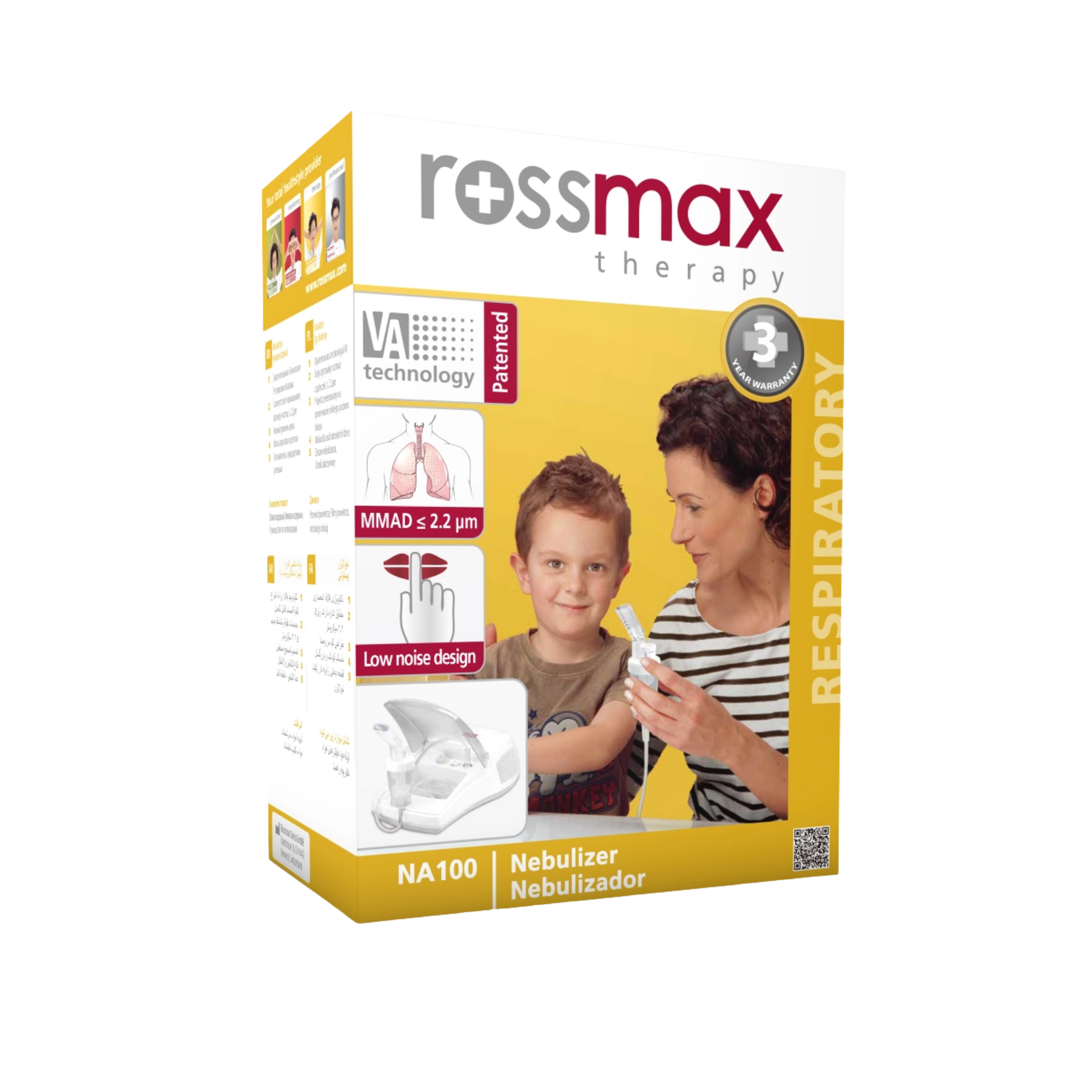 Rossmax Therapy NA100 nebulizer packaging box, featuring a yellow and white design with a photo of a parent and child, on a solid white background.