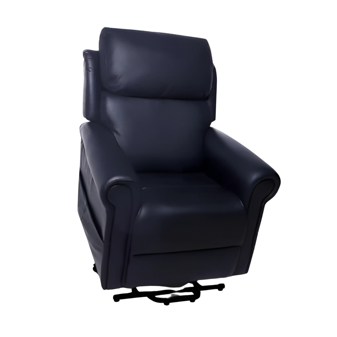 Royale Chadwick Oxford Plush Leather Lift Chair quad motor in Black and Blue offers premium comfort, lift assistance, and tailored support for daily living.