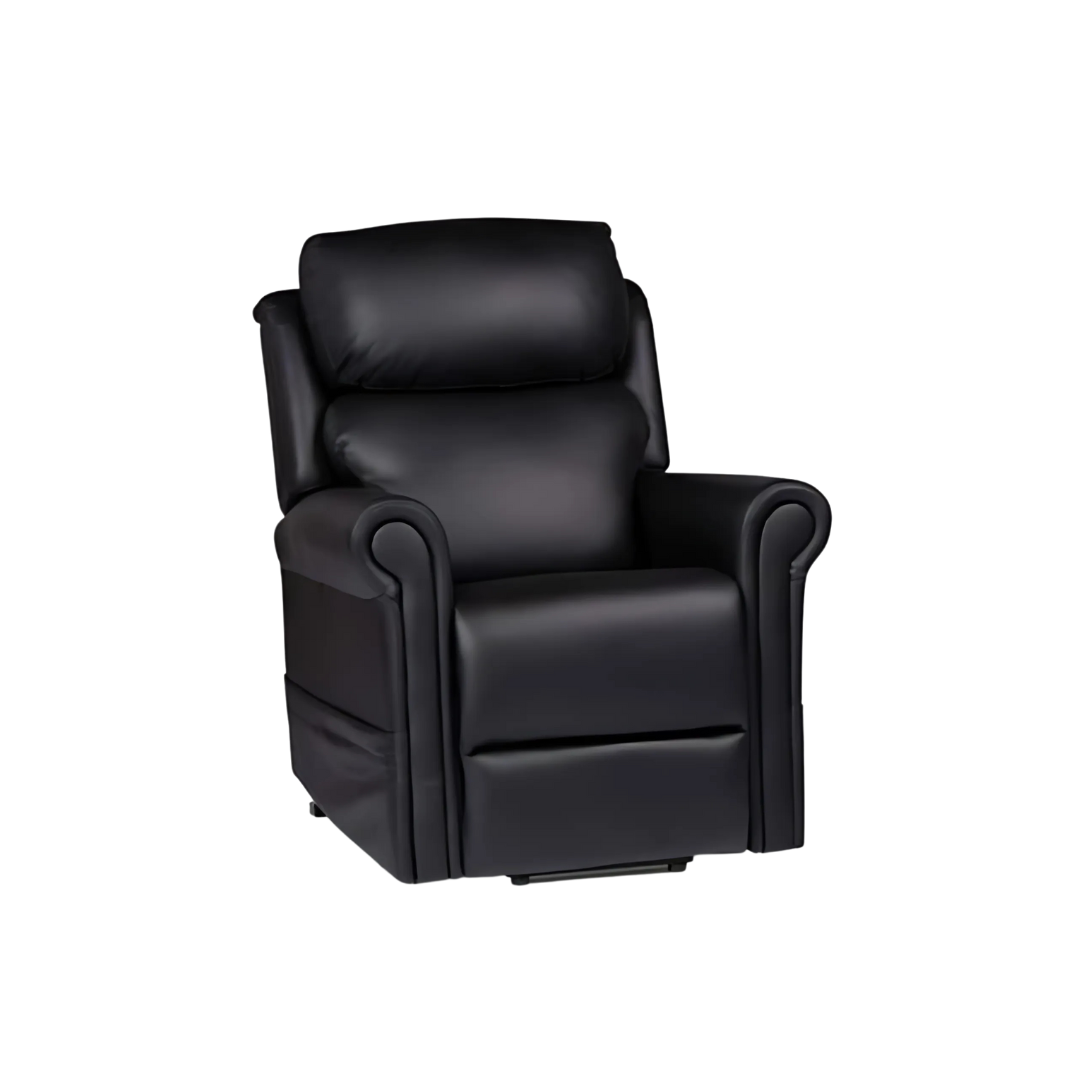 Royale Chadwick Oxford Plush Leather Lift Chair quad motor in Jet Carbon Black and Marine Blue offers premium comfort, lift assistance, and tailored support.