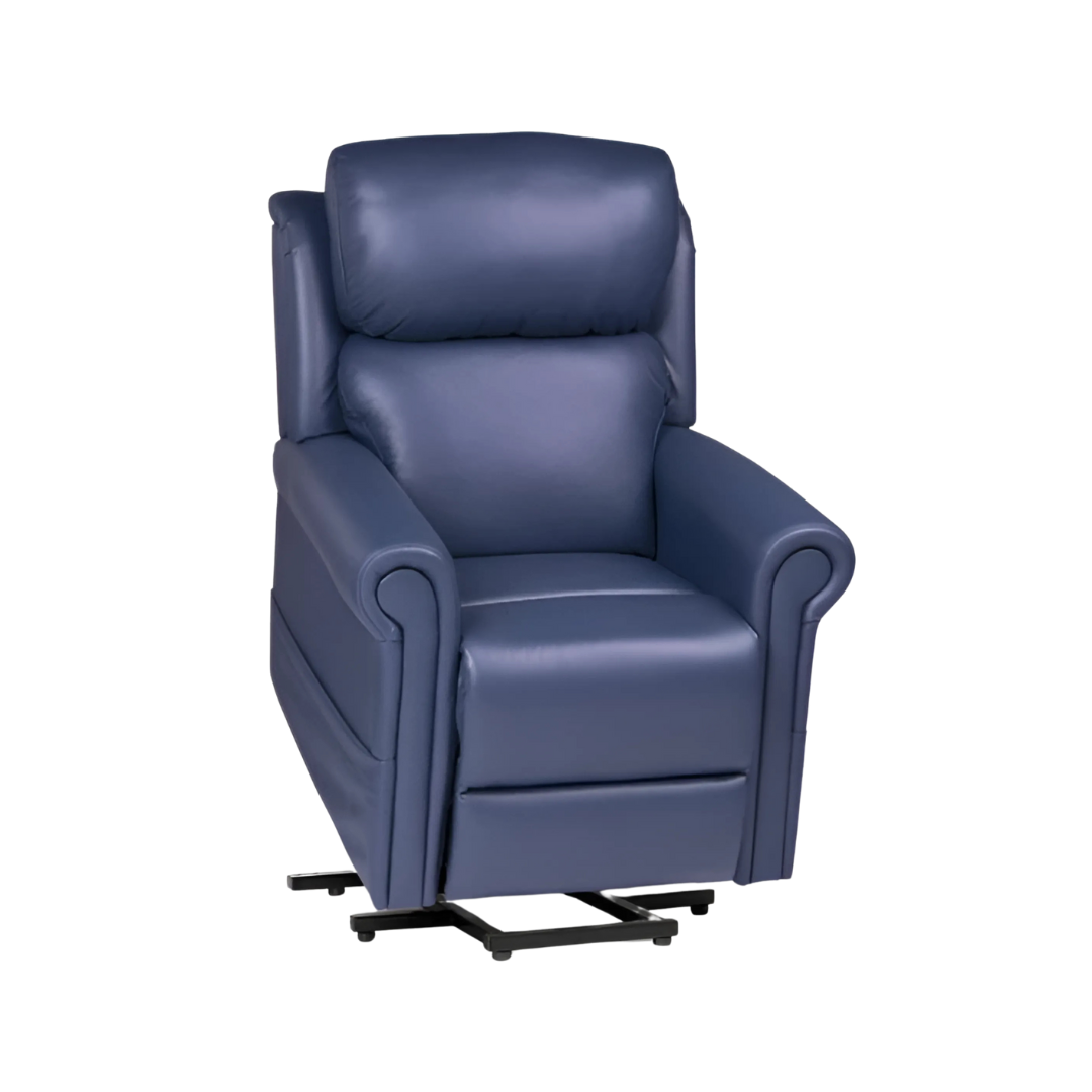Royale Chadwick Oxford Plush Leather Lift Chair quad motor in Jet Carbon Black and Marine Blue offers premium comfort, lift assistance, and tailored support.