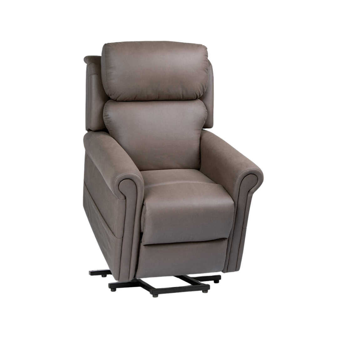 Royale Chadwick Soft Touch Fabric Mini Lift Chair quad motor in Coffeebean Brown and Indigo Blue offers compact design, lift assistance, and tailored comfort.