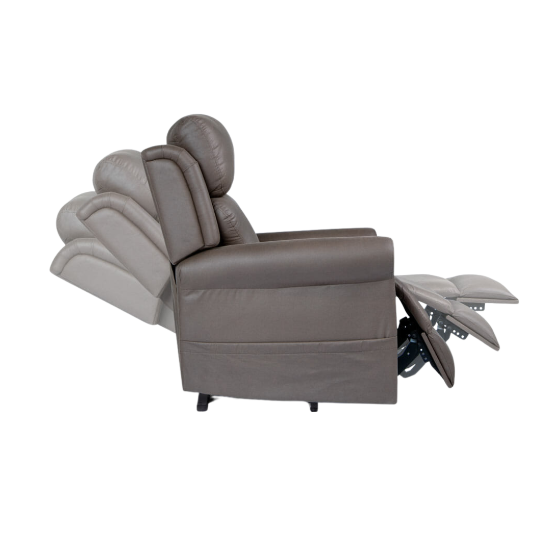Royale Chadwick Soft Touch Fabric Mini Lift Chair quad motor in Coffeebean Brown and Indigo Blue offers compact design, lift assistance, and tailored comfort.