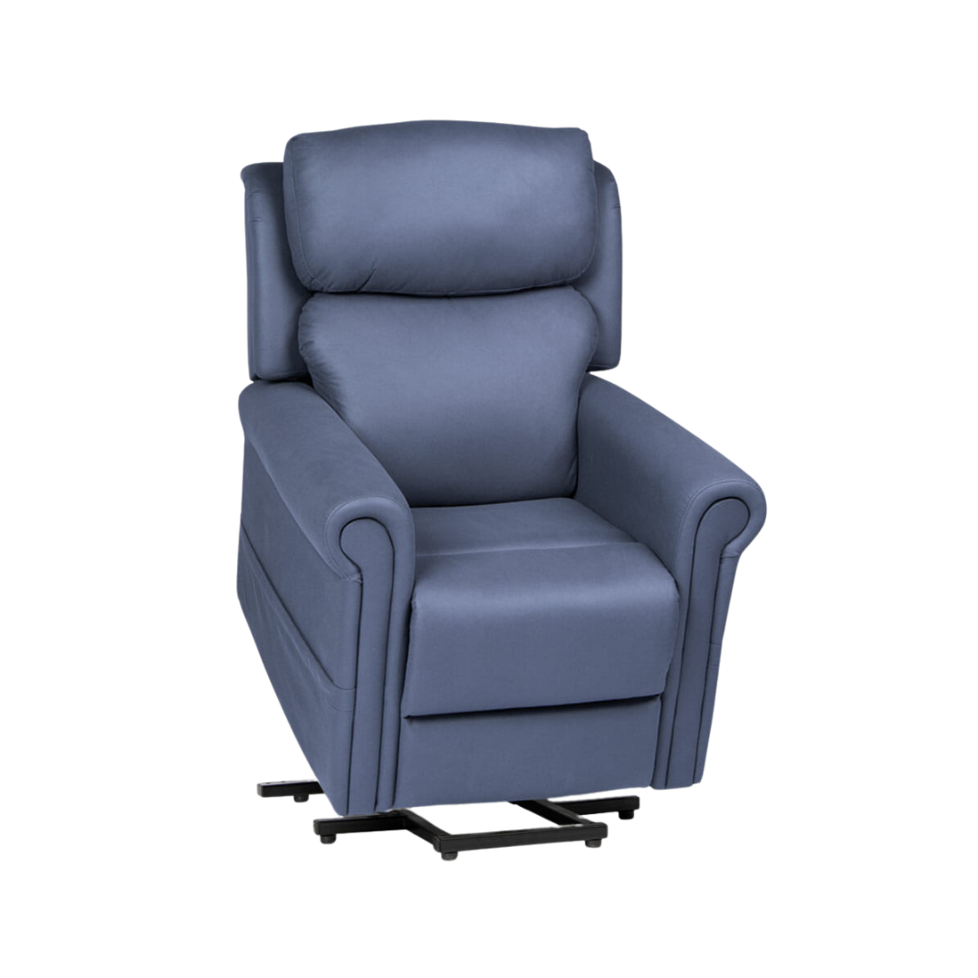 Royale Chadwick Soft Touch Fabric Mini Lift Chair quad motor in Coffeebean Brown and Indigo Blue offers compact design, lift assistance, and tailored comfort.