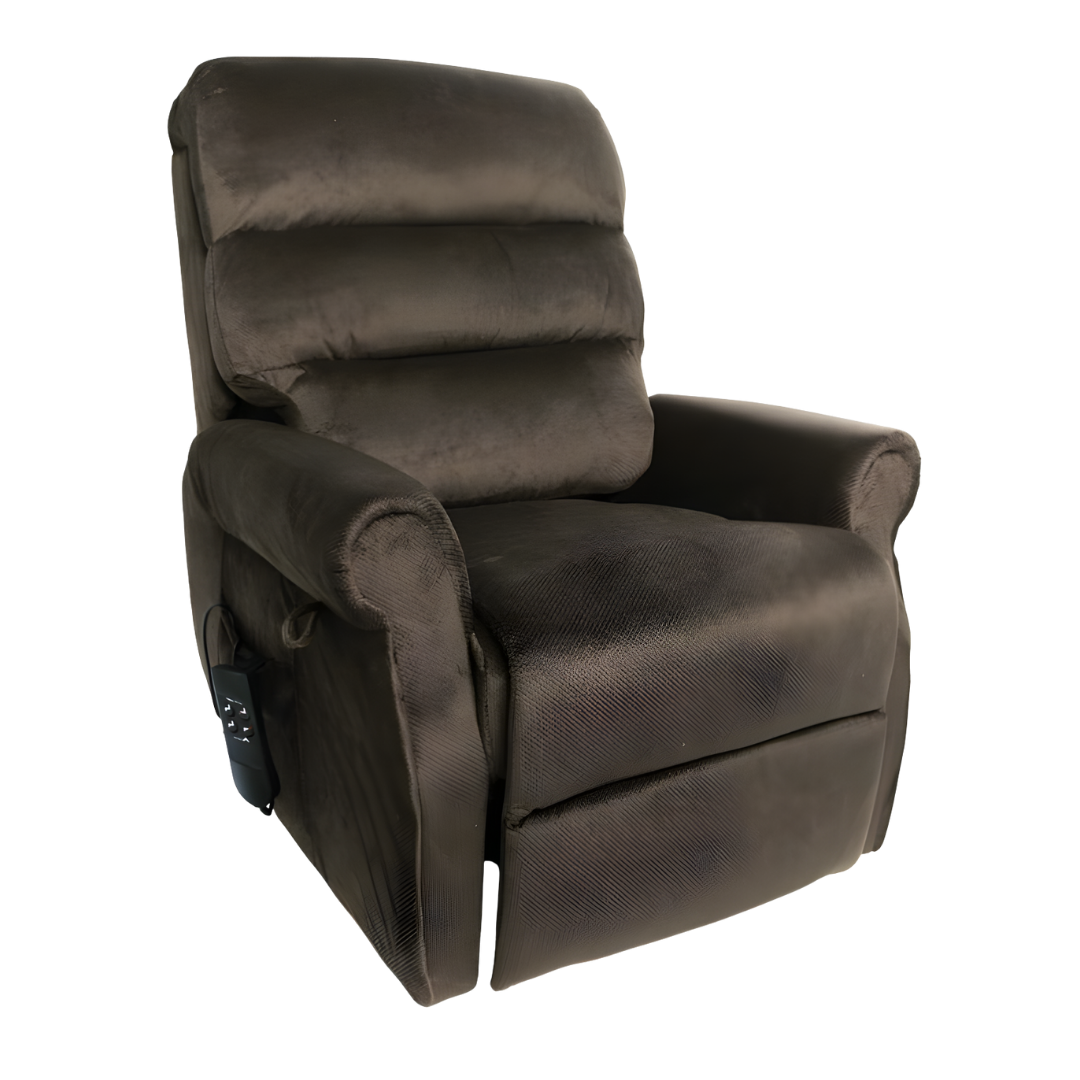 Royale Mayfair Mini Signature Lift Chair in Dark Coffee Bean and Symphony Blue offers compact design, lift assistance, and supportive comfort for daily living.