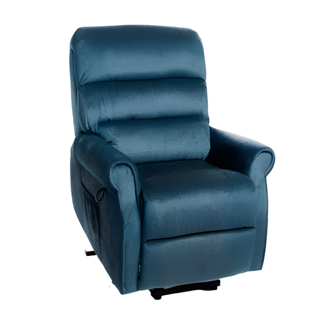 Royale Mayfair Mini Signature Lift Chair in Dark Coffee Bean and Symphony Blue offers compact design, lift assistance, and supportive comfort for daily living.