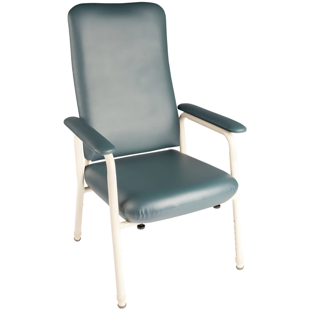 Royale Medical High Back Chair in Ardo Grey, Mocha Champagne, and Forest Slate, designed for supportive seating in aged care and rehabilitation.