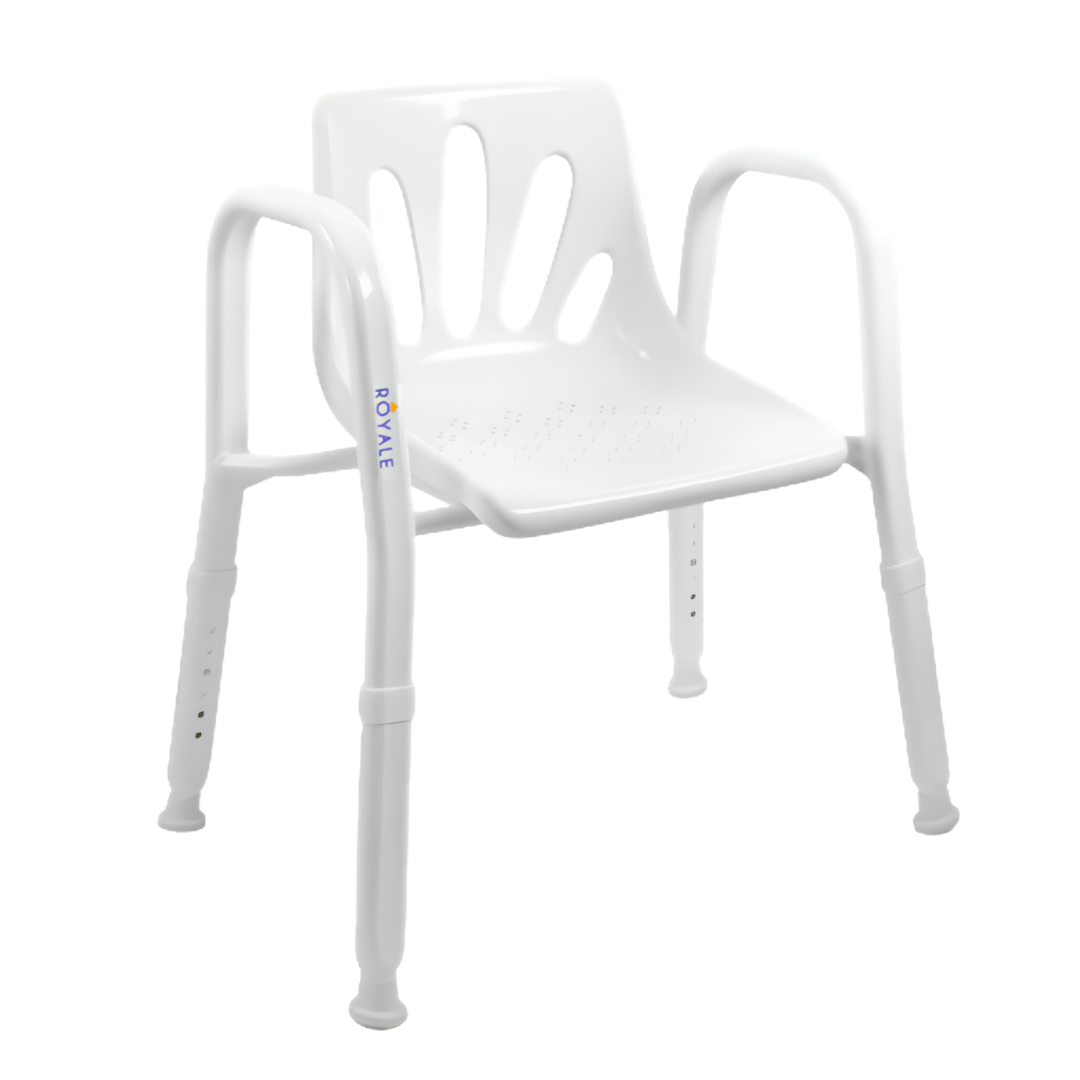 Royale Medical Premium Bariatric Heavy Duty 56 cm Shower Chair with reinforced frame, wide seat, 280 kg safe load, and stable support for safe bathing.