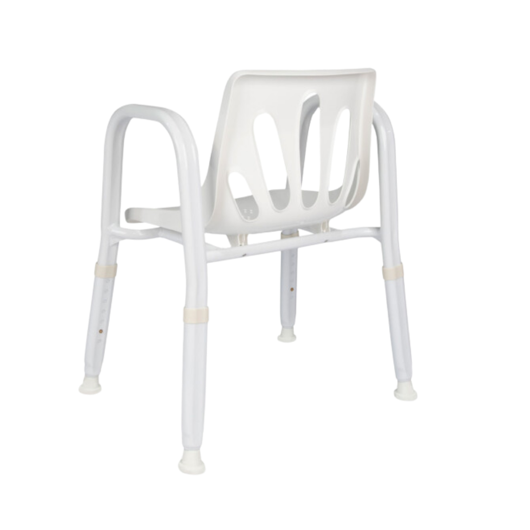 Royale Medical Premium Heavy Duty 49 cm shower chair with reinforced aluminium frame, 250 kg safe load, wide seat, adjustable height, supports safe bathing.