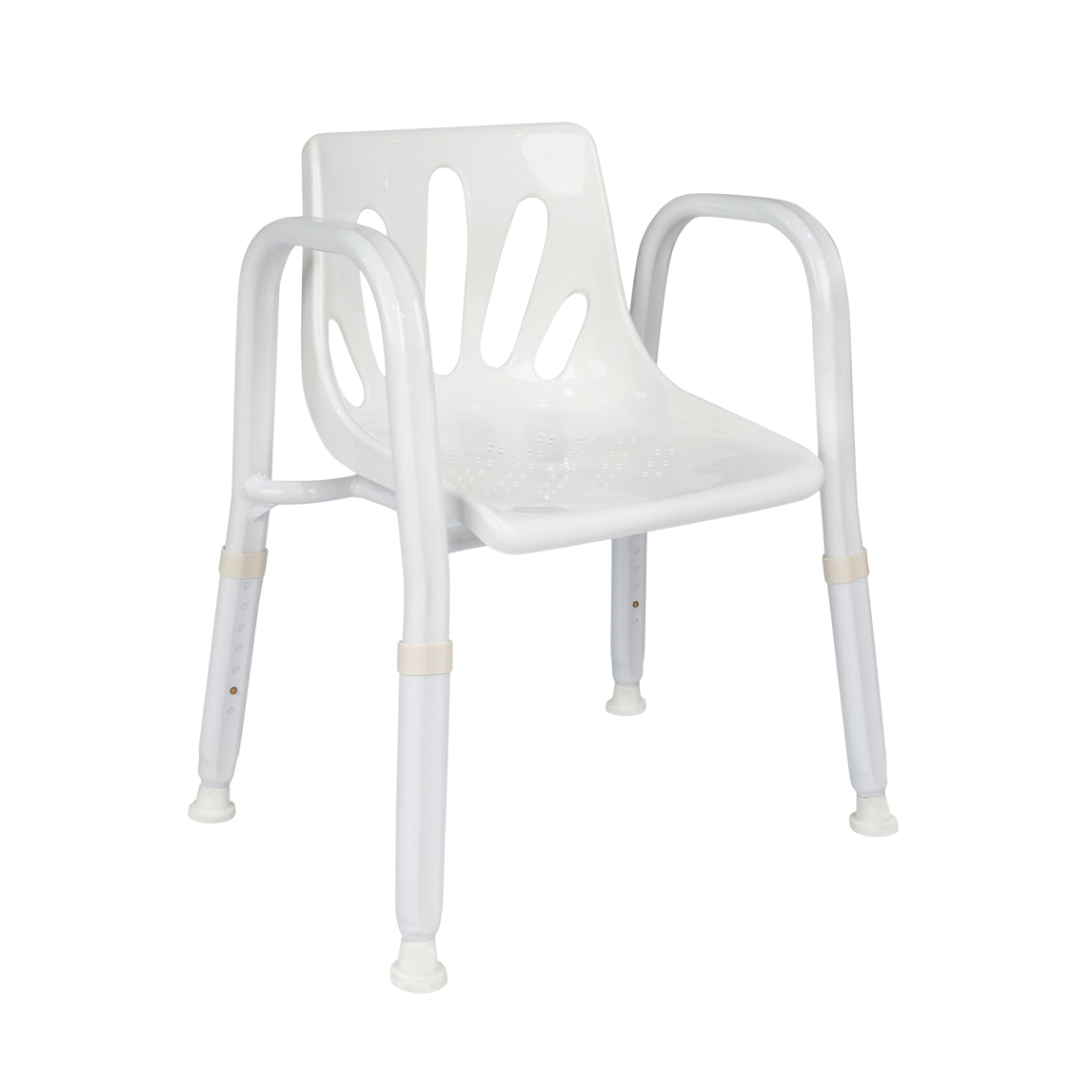 Royale Medical Premium Heavy Duty 49 cm shower chair with reinforced aluminium frame, 250 kg safe load, wide seat, adjustable height, supports safe bathing.