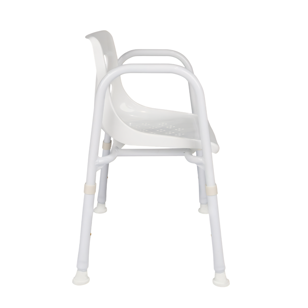 Royale Medical Premium Heavy Duty 49 cm shower chair with reinforced aluminium frame, 250 kg safe load, wide seat, adjustable height, supports safe bathing.