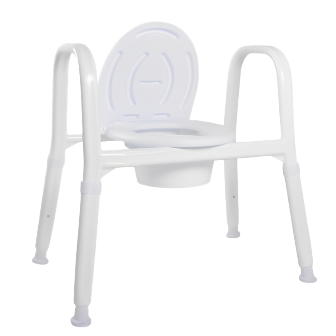 Royale Medical Premium Heavy Duty Over Toilet Aid with 56 cm seat, 280 kg safe load, adjustable height, fixed armrests, and reinforced aluminium frame.