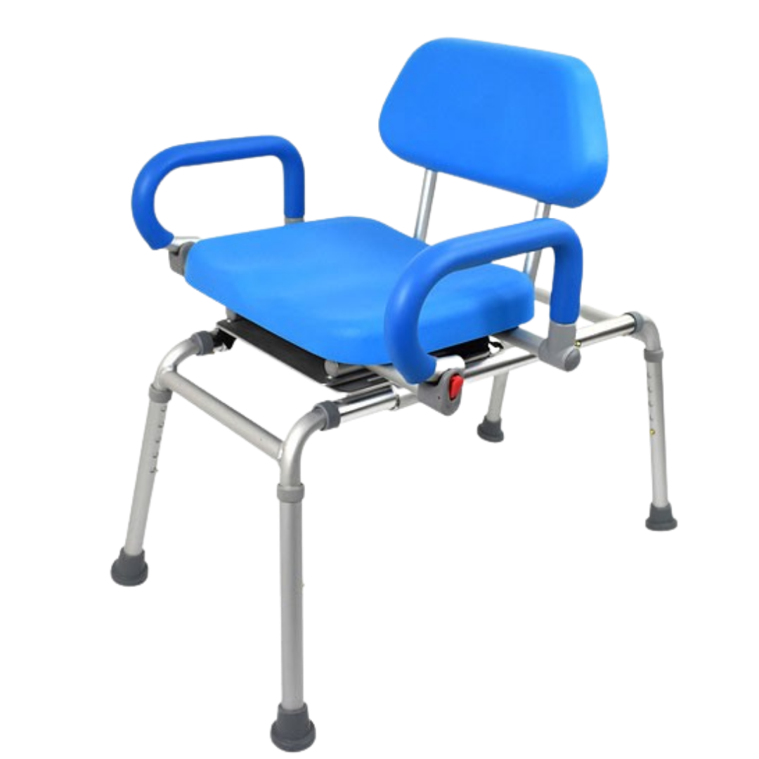 Royale Medical sliding and swivel transfer bench, rust‑free aluminium frame, smooth seat rotation, supports safe transfers and independent bathing comfort.
