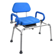 Royale Medical sliding and swivel transfer bench, rust‑free aluminium frame, smooth seat rotation, supports safe transfers and independent bathing comfort.