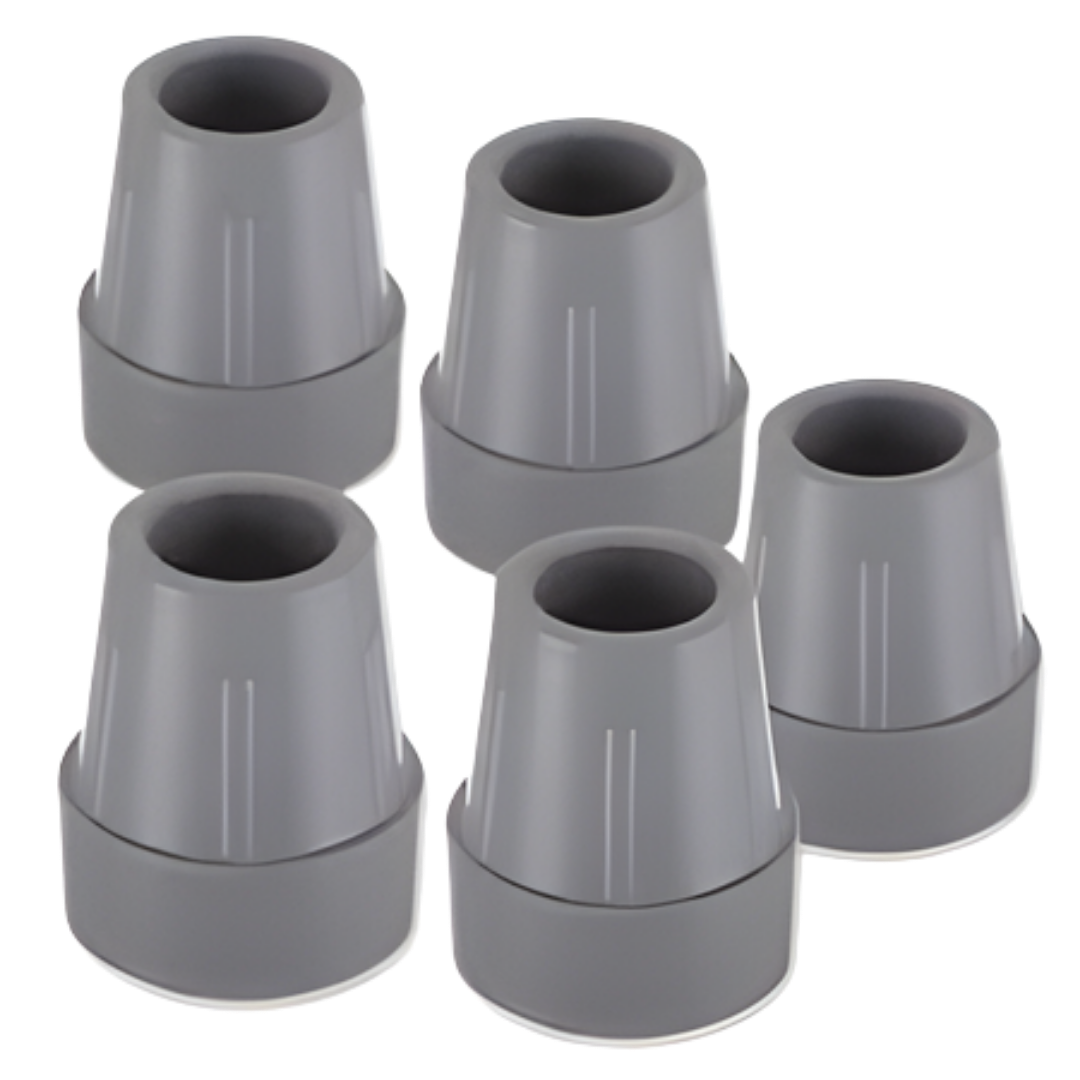 Rubber ferrule tips in black and grey, available in 16mm and 18mm sizes, designed for walking sticks and canes.