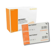 Product packaging for Smith & Nephew Bactigras Chlorhexidine Acetate BP 0.5% w/w Tulle Gras Dressing (10x10cm, 50-pack), featuring an orange and white box alongside two individually sealed sterile foil wrapper packets, on a transparent background.