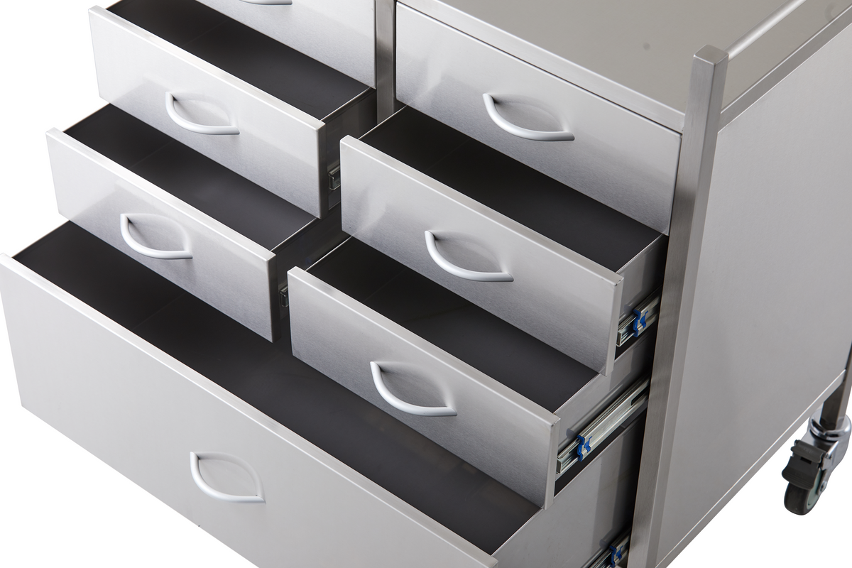 Close-up of the open stainless steel drawers on the resuscitation trolley