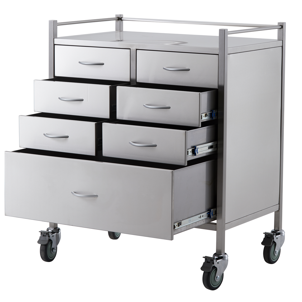Stainless Steel Resuscitation Trolley with the drawers open on ball bearing runners