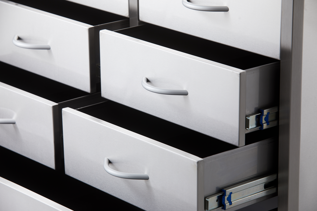 Close-up of the drawer runners and large lower drawer on the resuscitation trolley