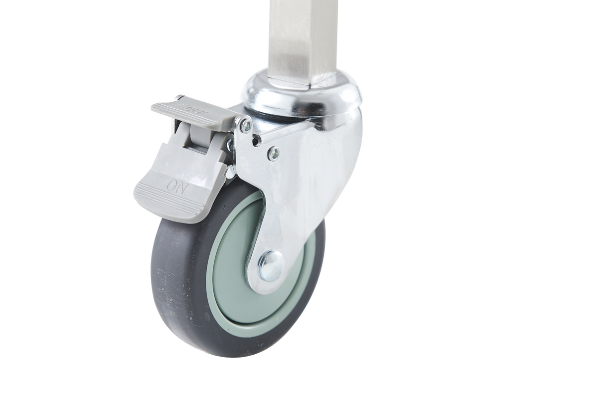 Close-up of a lockable castor on the stainless steel resuscitation trolley