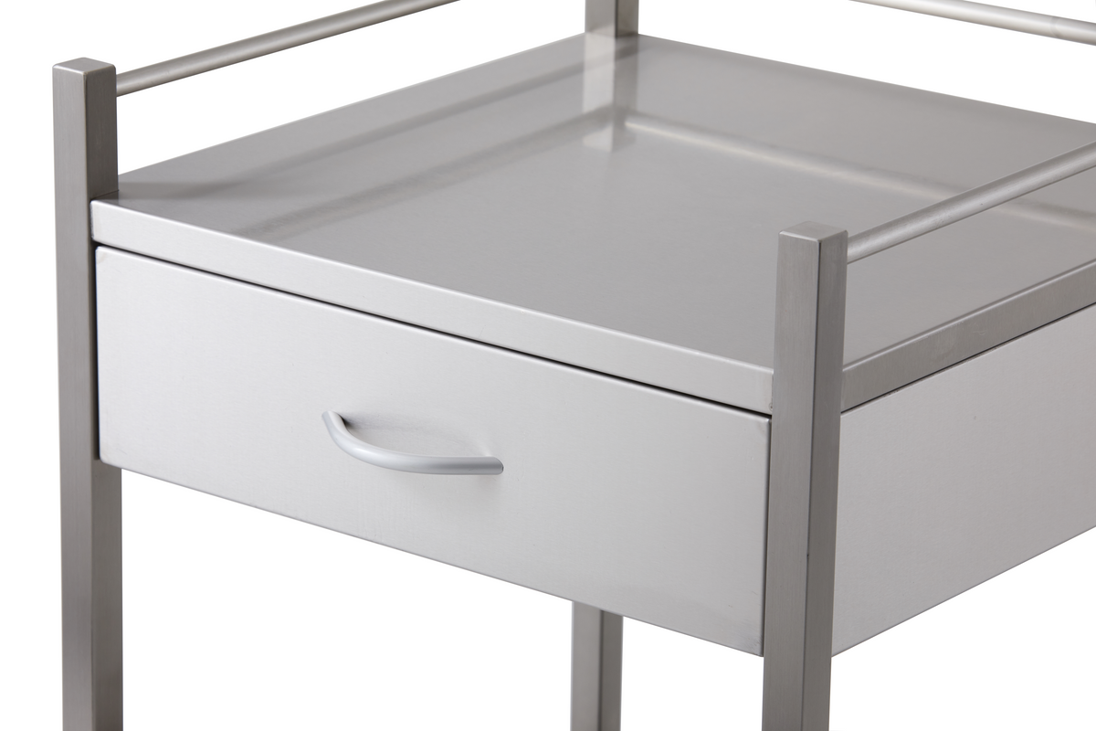 Close-up of the drawer front and top rails on the stainless steel trolley