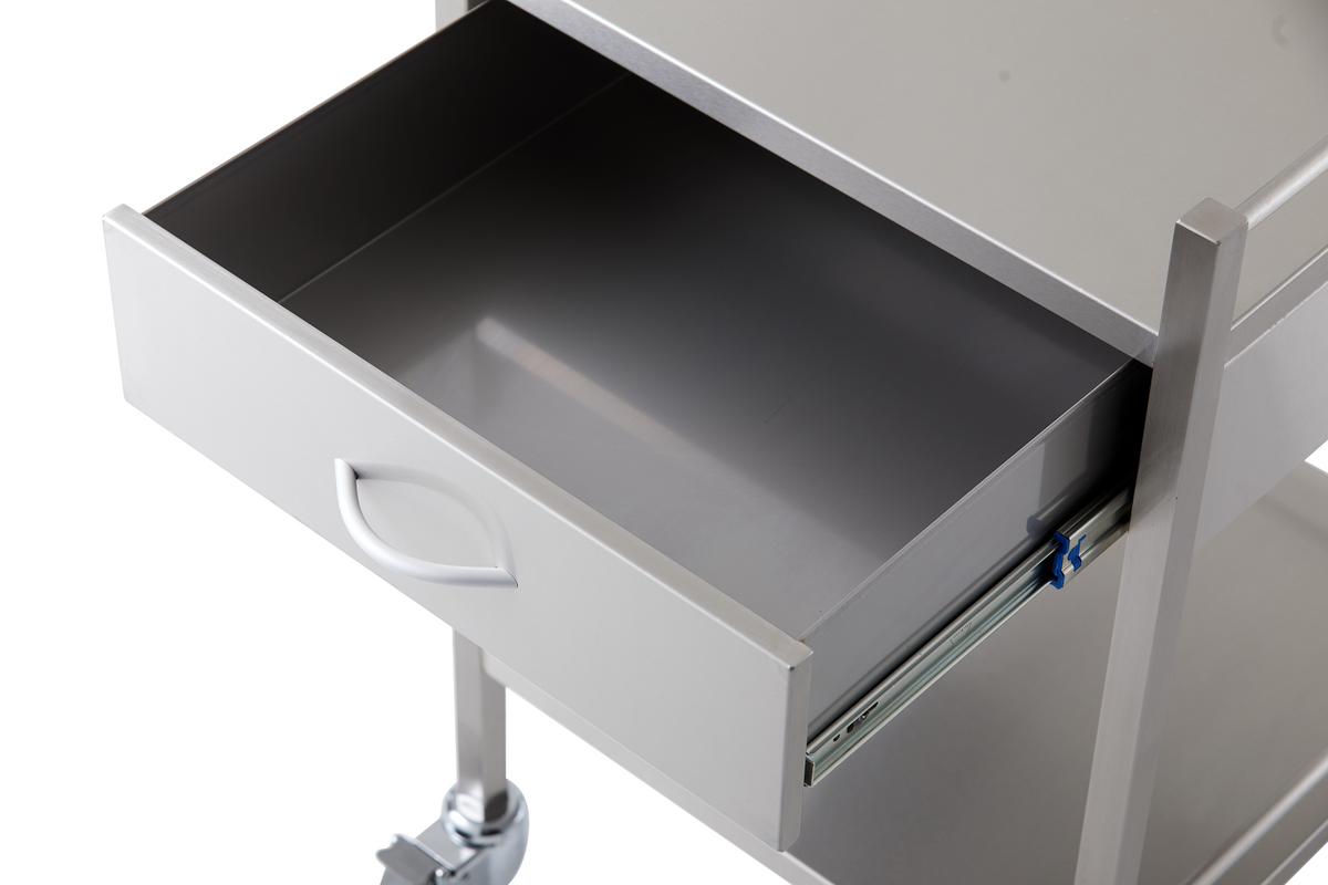 Close-up of the 125 mm deep stainless steel drawer open