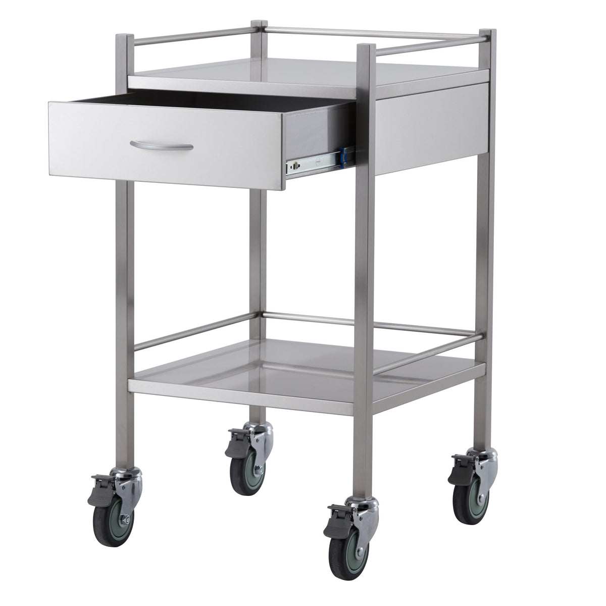 Stainless Steel Trolley One Drawer with the drawer open on ball bearing runners
