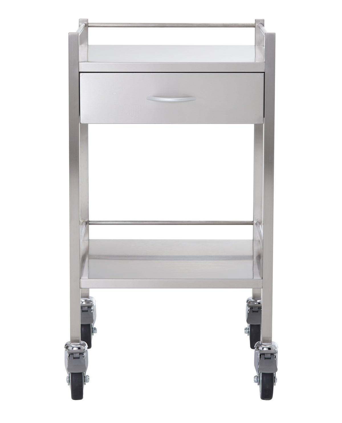 Stainless Steel Trolley One Drawer front view, 50 x 50 x 90 cm