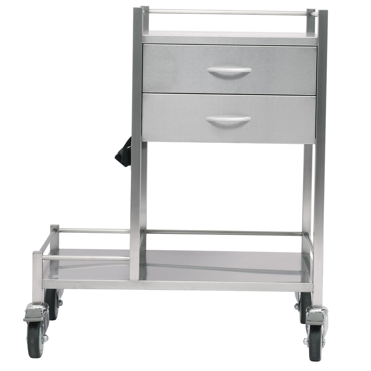 Stainless Steel Oxygen Trolley Two Drawer front view with the extended bottom shelf for an oxygen cylinder