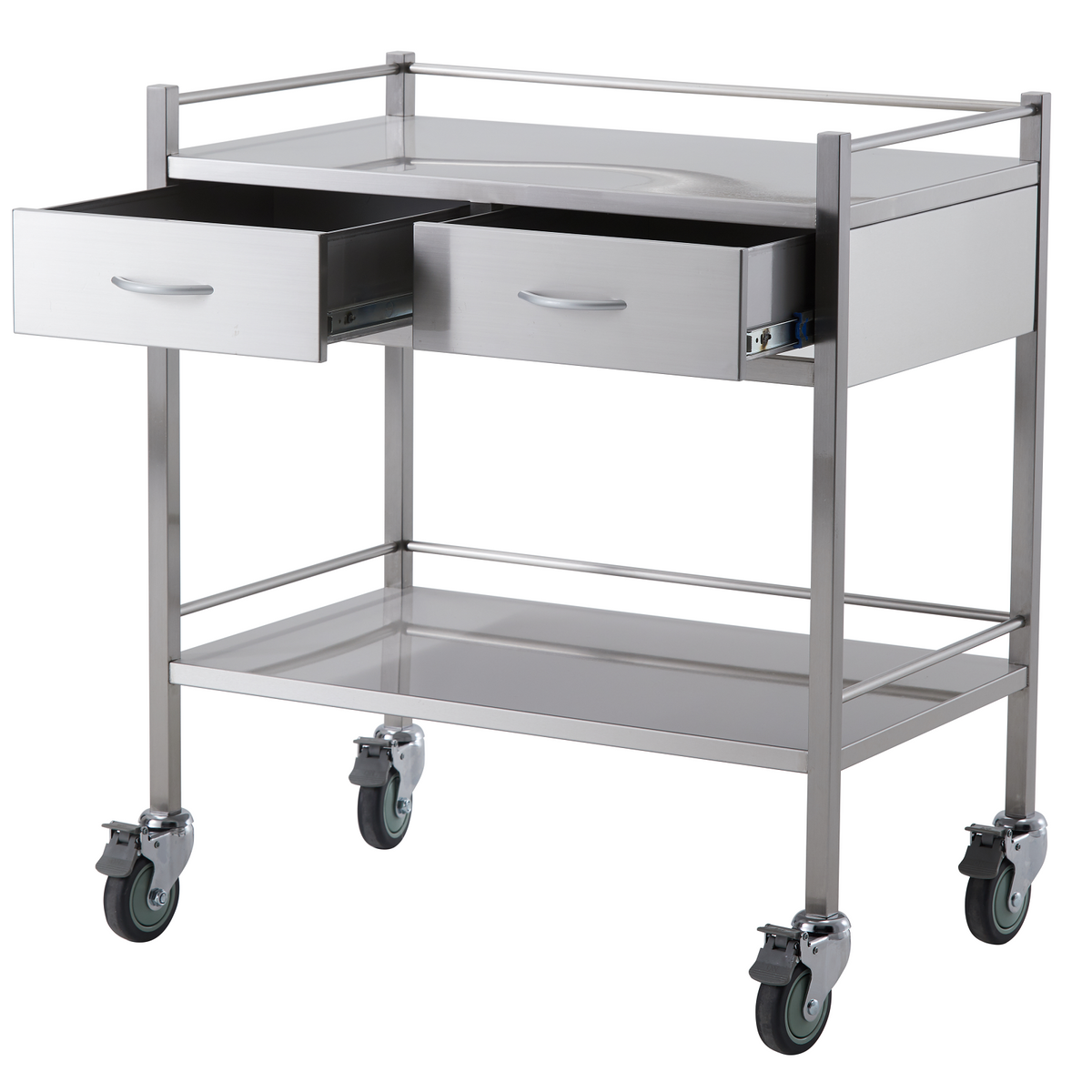 Stainless Steel Double Trolley with both side by side drawers open